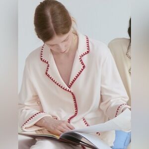 CRÈMESU Cream Pajama Set with Red Zigzag Trim – Loungewear / Sleepwear Sz M